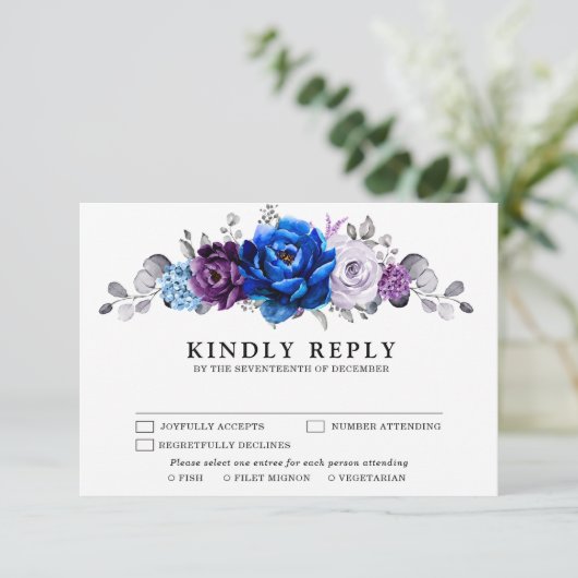 Royal Blue Purple Navy Lilac Blooms Wedding RSVP Kaartje (Staand voorkant)