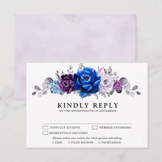 Royal Blue Purple Navy Lilac Blooms Wedding RSVP Kaartje (Voorkant / Achterkant)