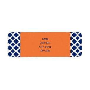 Royal Blue Quatrefoil Pattern met Sinaasappel Etiket