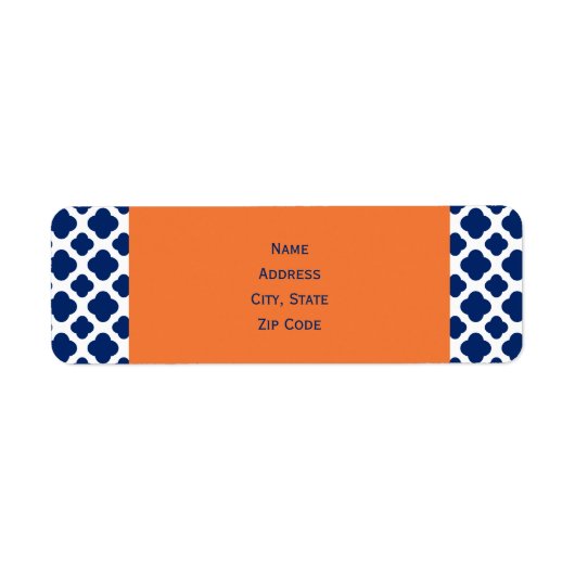 Royal Blue Quatrefoil Pattern met Sinaasappel Etiket (Voorkant)