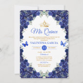 Royal Blue Quinceañera 15 Anos Flowers Gold Crown Kaart (Voorkant)