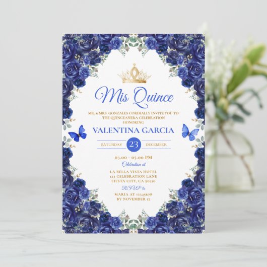 Royal Blue Quinceañera 15 Anos Flowers Gold Crown Kaart (Staand voorkant)