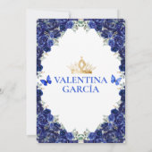 Royal Blue Quinceañera 15 Anos Flowers Gold Crown Kaart (Achterkant)