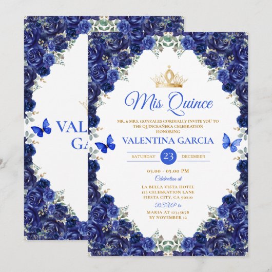 Royal Blue Quinceañera 15 Anos Flowers Gold Crown Kaart (Voorkant / Achterkant)