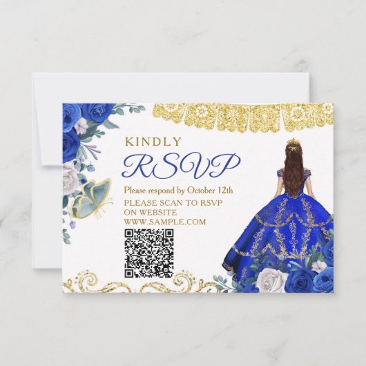 Royal Blue Quinceañera 15 Anos RSVP-kaart Bedankkaart (Voorkant)