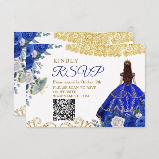 Royal Blue Quinceañera 15 Anos RSVP-kaart Bedankkaart (Voorkant / Achterkant)