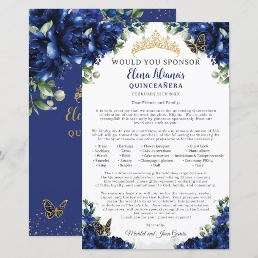 Royal Blue Quinceanera 15 Sponsor Request Letter (Voorkant / Achterkant)