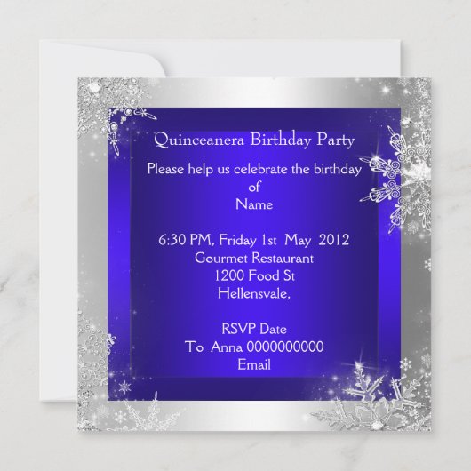 Royal Blue Quinceanera 15e Elite Elegant party Kaart (Achterkant)