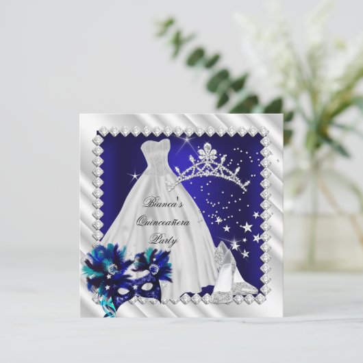Royal Blue Quinceanera 15e Masquerade Party Kaart (Staand voorkant)