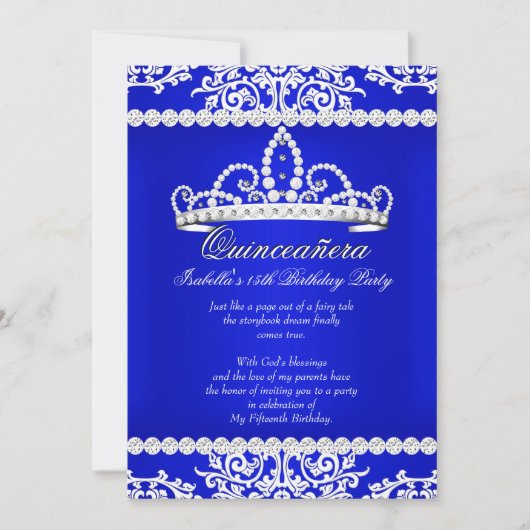 Royal Blue Quinceanera 15th Birthday Party Tiara Kaart (Voorkant)