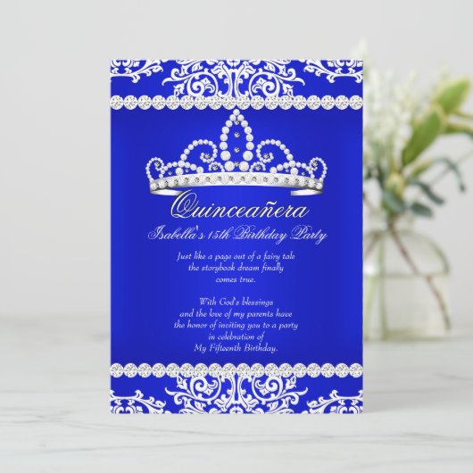Royal Blue Quinceanera 15th Birthday Party Tiara Kaart (Staand voorkant)