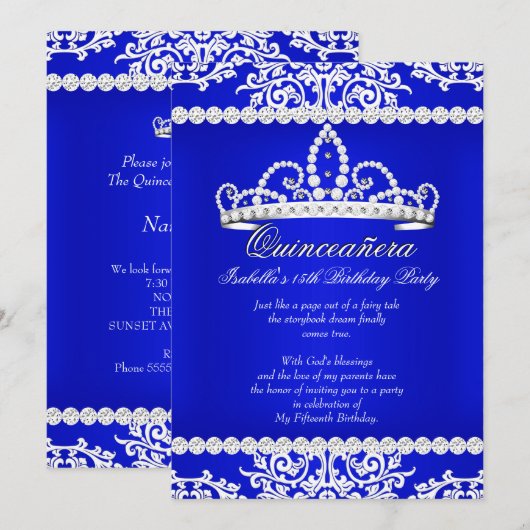 Royal Blue Quinceanera 15th Birthday Party Tiara Kaart (Voorkant / Achterkant)
