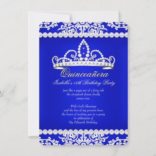 Royal Blue Quinceanera 15th Birthday Party Tiara Kaart (Voorkant)