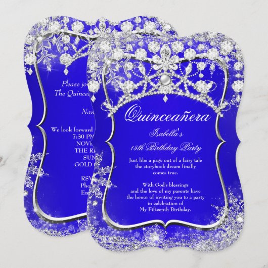 Royal Blue Quinceanera 15th Winter Wonderland Kaart (Voorkant / Achterkant)