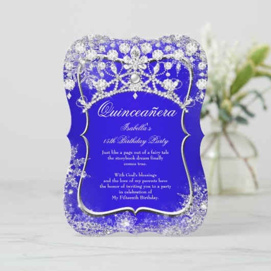 Royal Blue Quinceanera 15th Winter Wonderland Kaart (Staand voorkant)
