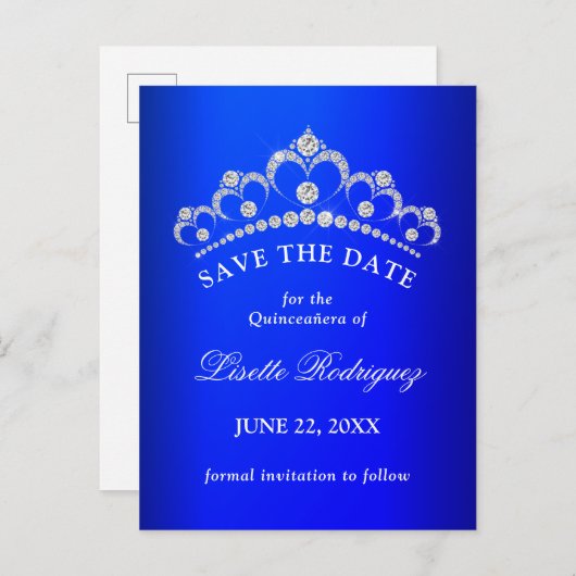 Royal Blue Quinceanera bewaar de datum Briefkaart (Voorkant / Achterkant)
