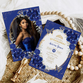 Royal Blue Quinceañera Bloemenvlinder Foto Kaart
