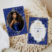 Royal Blue Quinceañera Bloemenvlinder Foto Kaart