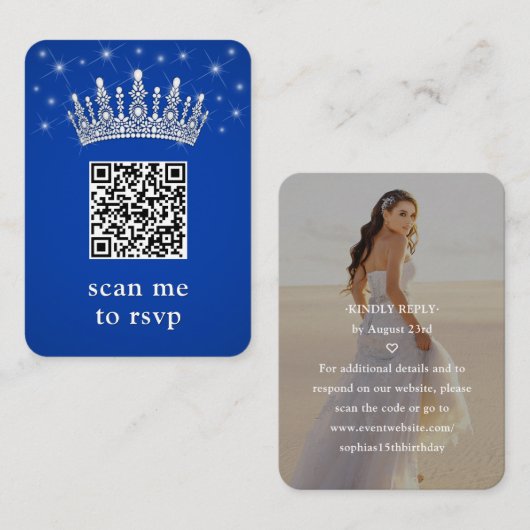 Royal Blue Quinceañera Crown & Stars QR RSVP Photo Informatiekaartje (Voorkant / Achterkant)