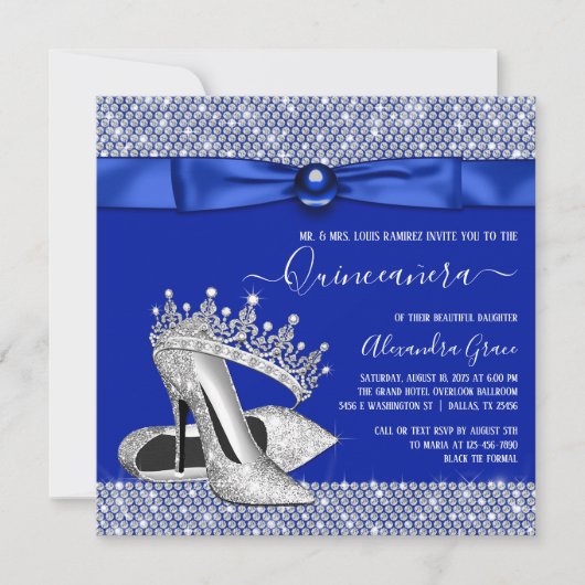 Royal Blue Quinceanera Diamond Tiara Schoen Kaart (Voorkant)
