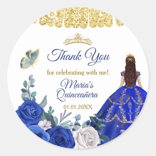 Royal Blue Quinceañera Favor Bedankt Cadeau Label (Voorkant)