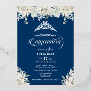 Royal Blue Quinceañera Floral Gold Folie Uitnodiging