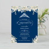Royal Blue Quinceañera Floral Gold Folie Uitnodiging (Staand Voorkant)