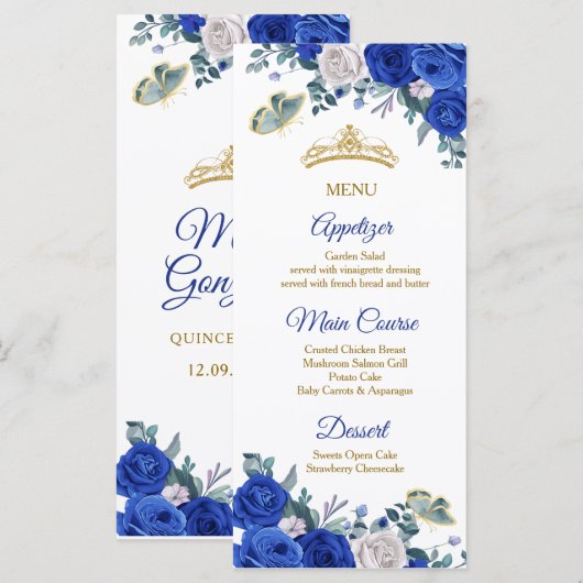 Royal Blue Quinceañera Menu Kaart (Voorkant / Achterkant)