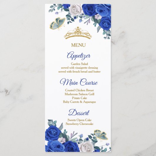 Royal Blue Quinceañera Menu Kaart (Voorkant)