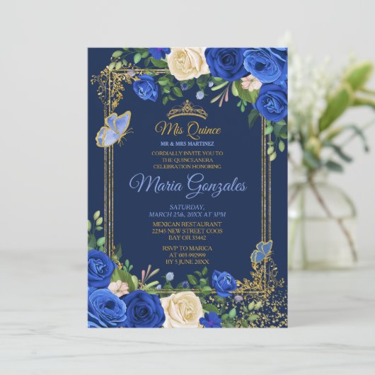 Royal Blue Quinceanera Mexican Girl 15th Birthday Kaart (Staand voorkant)