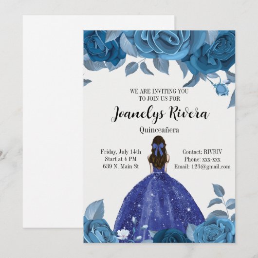 Royal Blue Quinceañera uitnodiging (Voorkant / Achterkant)