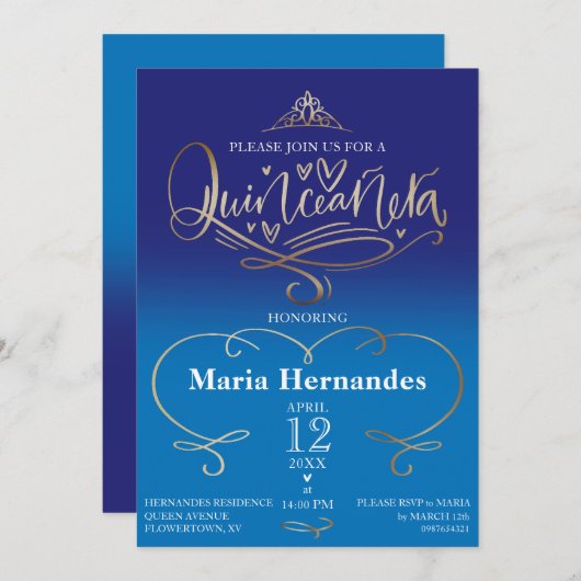 Royal Blue Quinceañera Uitnodiging Sjabloon (Voorkant / Achterkant)