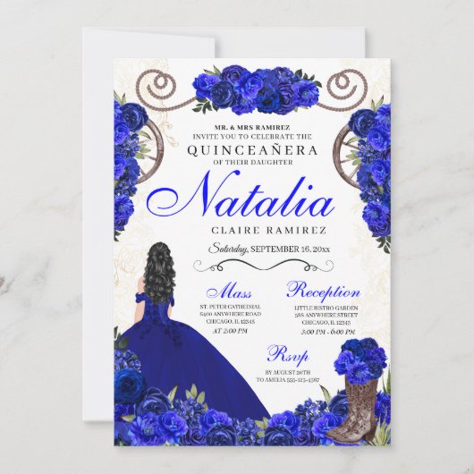 Royal Blue Ranchero Princess Quinceanera Kaart (Voorkant)