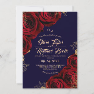 Royal Blue & Red ⎮ Bourgondisch Roos Bloemenhuweli Kaart