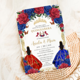 Royal Blue Red Floral Girls Twins Quinceañera 15 Kaart