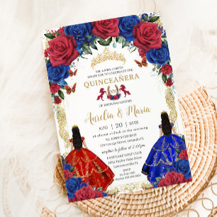 Royal Blue Red Floral Girls Twins Quinceañera 15 Kaart