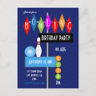 Royal Blue Retro Bowling Birthday Party Briefkaart