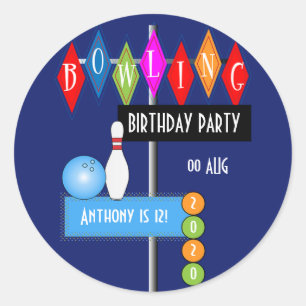 Royal Blue Retro Bowling Birthday Party Ronde Sticker