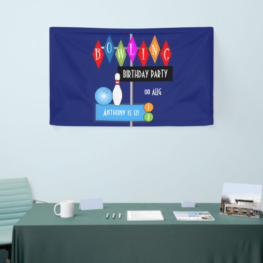Royal Blue Retro Bowling Birthday Party Spandoek (Beurs)