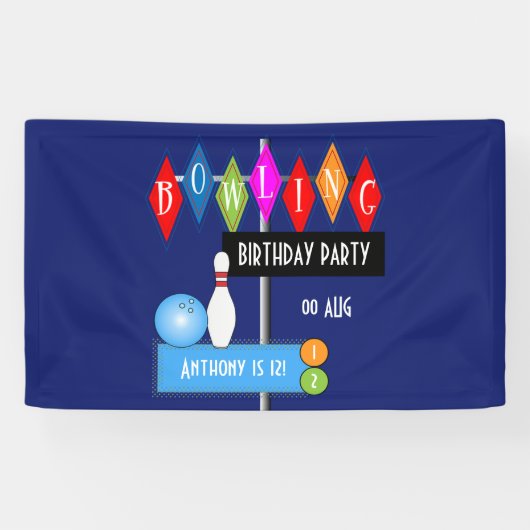 Royal Blue Retro Bowling Birthday Party Spandoek (Horizontaal)