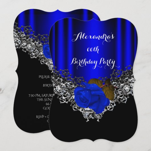 Royal Blue Roos Birthday Party Lace Black Silver Kaart (Voorkant / Achterkant)