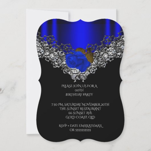 Royal Blue Roos Birthday Party Lace Black Silver Kaart (Achterkant)