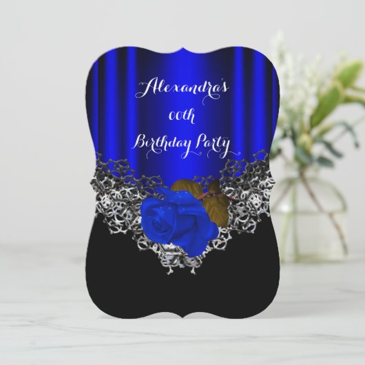 Royal Blue Roos Birthday Party Lace Black Silver Kaart (Staand voorkant)