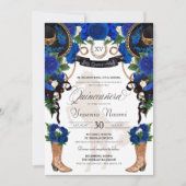 Royal Blue Roos & Black Western Charro Quinceanera Kaart (Voorkant)