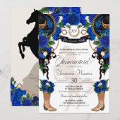 Royal Blue Roos & Black Western Charro Quinceanera Kaart (Voorkant / Achterkant)