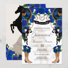 Royal Blue Roos & Black Western Charro Quinceanera Kaart
