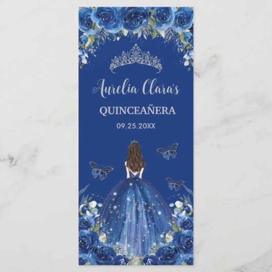 Royal Blue Roos Bloemen Meisjesjurk Quinceañera Me Programmakaart (Achterkant)