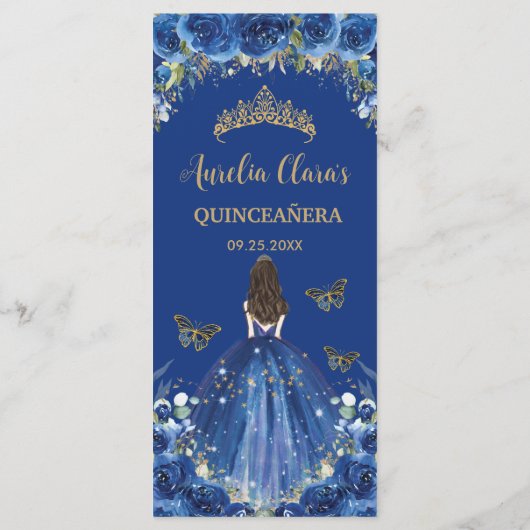 Royal Blue Roos Bloemen Meisjesjurk Quinceañera Me Programmakaart (Achterkant)