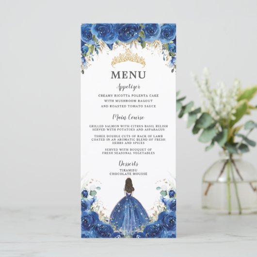 Royal Blue Roos Bloemen Meisjesjurk Quinceañera Me Programmakaart (Staand voorkant)