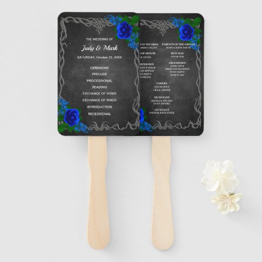 Royal Blue Roos Chalk Board Fall Wedding Programme Handwaaier (Voorkant en achterkant)